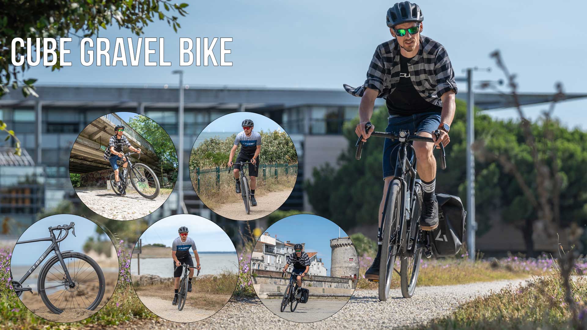 Si vede un collage di immagini con la scritta Cube Gravel Bike. Su di esso sono raffigurati diversi ciclisti su una bici gravel.