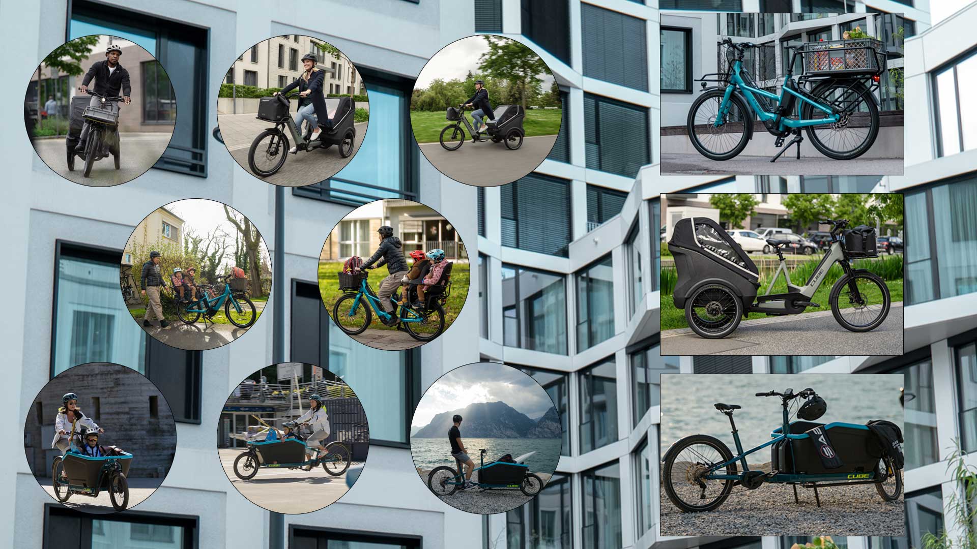 È possibile vedere un collage di immagini che ritraggono diverse situazioni in cui viene utilizzata una bicicletta da carico. In questo modo vengono illustrate le diverse possibilità di impiego di una bicicletta da carico.