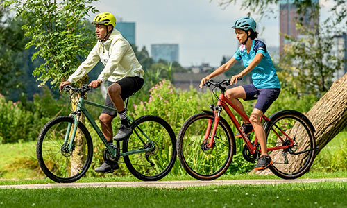 Ciclisti su biciclette da cross lungo un parco.