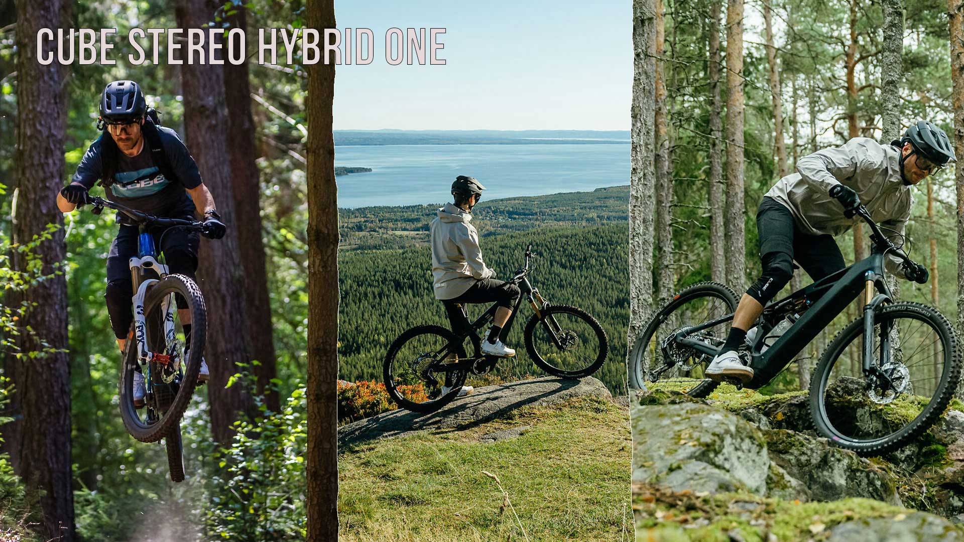 Si vede un collage di immagini intitolato Cube Stereo Hybrid ONE, che raffigura diversi ciclisti in un paesaggio boscoso.