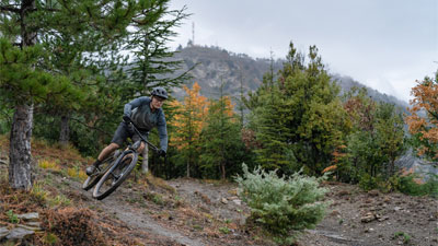 Ciclista che pedala nel bosco su una mountain bike Cube Stereo Fully.