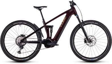 Si vede una Cube Stereo Hybrid ONE22 di colore rosso scuro.