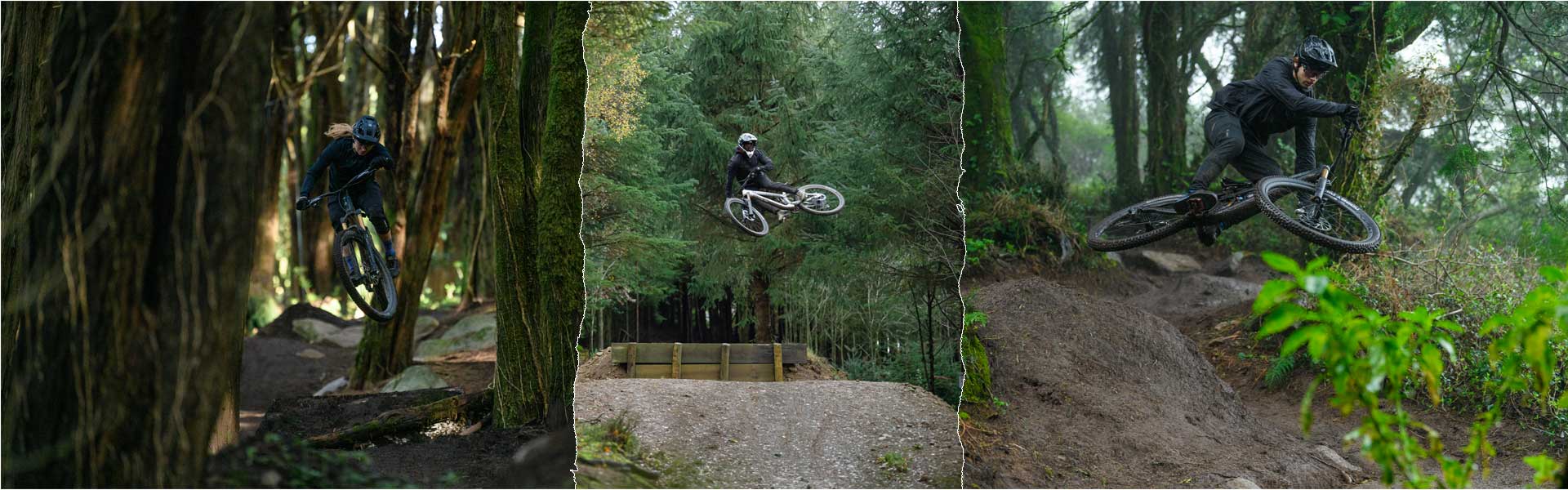 Banner con transizioni strappate. A sinistra una donna salta nel bosco con una mountain bike Cube Stereo Fully. Al centro un ciclista con casco integrale mentre esegue un salto alto. A destra un altro salto con una mountain bike Cube Stereo Fully.